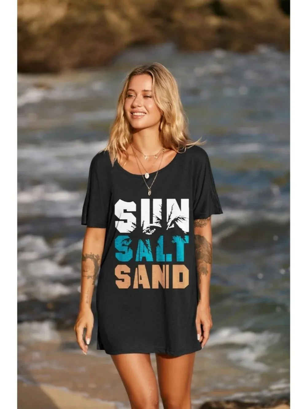 Women's Black Topical Leave Sleeve Cover Ups for Beach Bathing Suit Swimwear